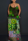 Dark Blue Graphics Print Sleeveless Backless Floor Length Casual Outing Straight Loose Floral Maxi Slip Dress
