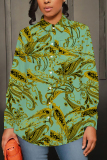 Green Casual Graphics Print Turndown Collar Long Sleeve Buttons Vacation Blouse
