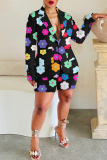 Brown Casual Graphics Print Buttons Turn-back Collar Long Sleeve Blazer Jackets And Shorts Two Pieces Shorts Sets