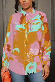 Green Casual Graphics Print Turndown Collar Long Sleeve Buttons Vacation Blouse