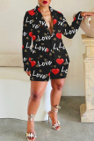 Brown Casual Graphics Print Buttons Turn-back Collar Long Sleeve Blazer Jackets And Shorts Two Pieces Shorts Sets