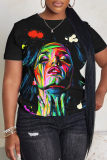 Black Casual Figure Print O Neck Short Sleeve Oversize T-Shirts