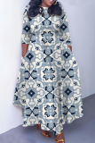 White Boho Graphics Print O Neck 3/4 Sleeve Strap Design Belted Floor Length Plus Size Vacation Loose A Line Maxi Dress
