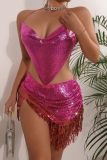 Rose Red Fringed Trim Sequins Backless Sleeveless Irregular Belted Halter Crop Tops and Tassel Mini Skirt Night Club Two Pieces Dress Sets