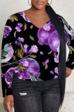 Black Orange Graphics Print V Neck Long Sleeve Casual Fall Winter Plus Size Long Sleeve T Shirt