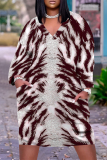 Dark Blue Casual Graphics Print V Neck Long Sleeve Knee Length Pocket Straight Loose Midi Dress