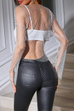 White V Neck Long Sleeve Hollow Out See-Through Night Club Rhinestone Mesh Tops