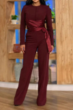 Claret O Neck Long Sleeve Lace Up Front Knotted Tops And Straight Leg Pants Casual Formal Office Lady Two Pieces Trouser Sets