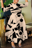 Multicolor Graphics Print O Neck 3/4 Sleeve Belted Pockets Long Vacation Casual Pleated A Line Maxi Dresses