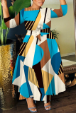 Multicolor Graphics Print O Neck 3/4 Sleeve Belted Pockets Long Vacation Casual Pleated A Line Maxi Dresses