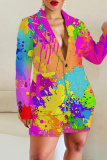 Brown Casual Graphics Print Buttons Turn-back Collar Long Sleeve Blazer Jackets And Shorts Two Pieces Shorts Sets
