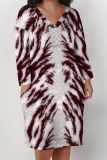Dark Blue Casual Graphics Print V Neck Long Sleeve Knee Length Pocket Straight Loose Midi Dress