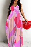 Teal Graphics Print Sleeveless Backless Floor Length Casual Outing Straight Loose Floral Maxi Slip Dress