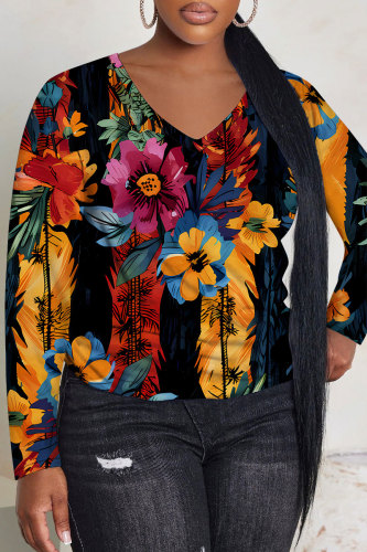 Black Orange Graphics Print V Neck Long Sleeve Casual Fall Winter Plus Size Long Sleeve T Shirt