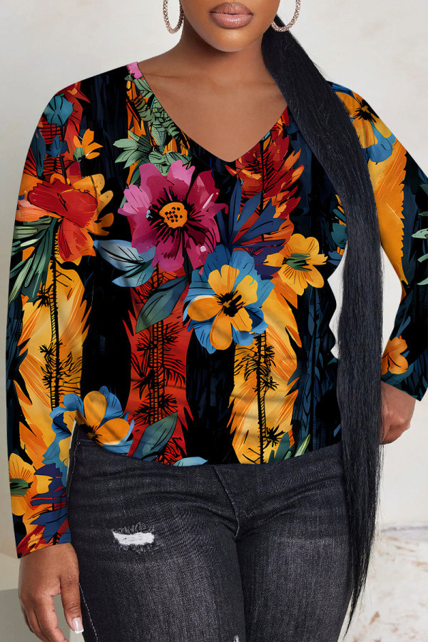 Black Orange Graphics Print V Neck Long Sleeve Casual Fall Winter Plus Size Long Sleeve T Shirt