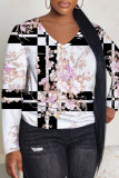 Blue Purple Floral Print V Neck Long Sleeve Casual Fall Winter Plus Size Long Sleeve T Shirt