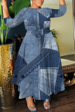 Blue Graphics Print O Neck 3/4 Sleeve Belted Pockets Long Vacation Casual Pleated A Line Maxi Dresses