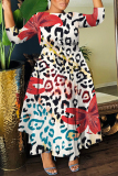Rose Red Graphics Floral Print O Neck 3/4 Sleeve Belted Vacation Loose A Line Maxi Dress