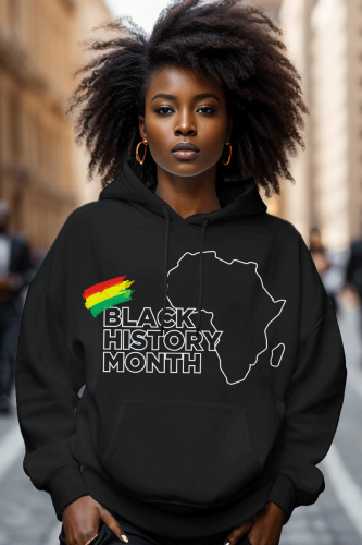 Black Figure Letter Print Long Sleeve Fall Winter Casual Plus Size Hooded Sweatshirts