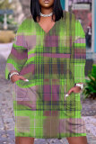 White Casual Graphics Print V Neck Long Sleeve Knee Length Pocket Straight Loose Midi Dress