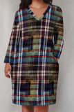 Yellow Green Plaid Print  V Neck Short Sleeve Casual Vacation Loose Pockets Plus Size Midi T-Shirt Dress