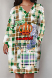 Yellow Green Plaid Print  V Neck Short Sleeve Casual Vacation Loose Pockets Plus Size Midi T-Shirt Dress