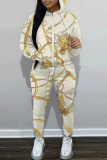 Light Yellow Graphics Print Hooded Zipper Long Sleeve Sweatshirts and Drawstring Pants Two Pieces Sportwear Casual Sweatsuits Sets