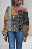 Blue Khaki Casual Faux Denim Print Oblique Collar Long Sleeve Fall Winter Sweatshirt