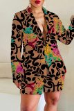 Brown Casual Graphics Print Buttons Turn-back Collar Long Sleeve Blazer Jackets And Shorts Two Pieces Shorts Sets