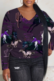 Black Purple Graphics Print V Neck Long Sleeve Casual Fall Winter Plus Size Long Sleeve T Shirt