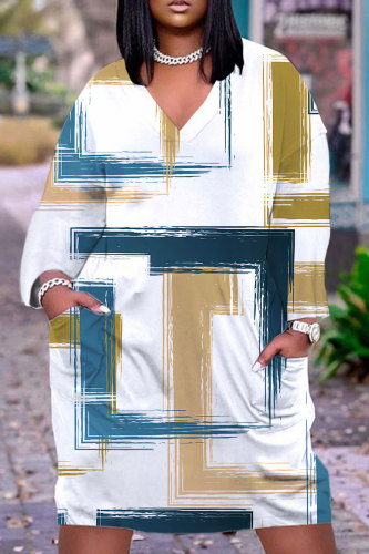 White Casual Graphics Print V Neck Long Sleeve Knee Length Pocket Straight Loose Midi Dress