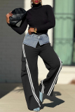 Black Stripe Print Pocket Patchwork High Waist Casual Straight Cargo Sweatpants