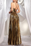 Glod Sleeveless Slit Formal Evening Party Prom Pleated Strapless Halter Metallic Maxi Dresses