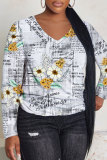 Blue Purple Floral Print V Neck Long Sleeve Casual Fall Winter Plus Size Long Sleeve T Shirt