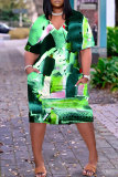 Dark Purple Graphics Print V Neck Short Sleeve Loose Pockets Straight Casual Midi T-Shirt Dress