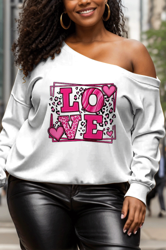 Rose Red Casual Letter Print Oblique Collar Long Sleeve Fall Winter Sweatshirt