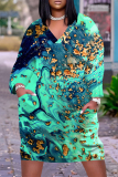 Dark Blue Casual Graphics Print V Neck Long Sleeve Knee Length Pocket Straight Loose Midi Dress