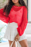 Red The Stars Print Weave O Neck Hollow Out Casual Knitted Sweater Tops