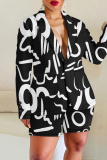 Brown Casual Graphics Print Buttons Turn-back Collar Long Sleeve Blazer Jackets And Shorts Two Pieces Shorts Sets