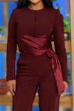 Claret O Neck Long Sleeve Lace Up Front Knotted Tops And Straight Leg Pants Casual Formal Office Lady Two Pieces Trouser Sets