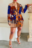 Brown Casual Graphics Print Buttons Turn-back Collar Long Sleeve Blazer Jackets And Shorts Two Pieces Shorts Sets