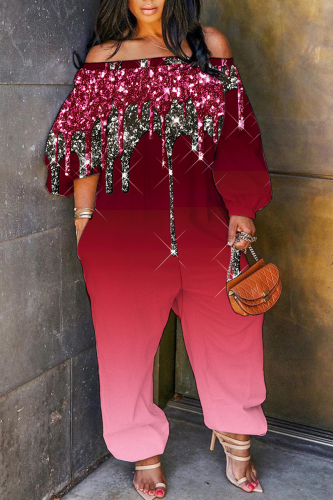 Dark Red Graphics Print Off Shoulder Long Sleeve Vacation Loose Casual Outing Harem Jumpsuit