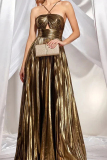 Glod Sleeveless Slit Formal Evening Party Prom Pleated Strapless Halter Metallic Maxi Dresses