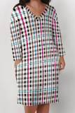 Yellow Green Plaid Print  V Neck Short Sleeve Casual Vacation Loose Pockets Plus Size Midi T-Shirt Dress