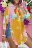 Light Khaki Graphics Print Shirt Collar Long Sleeve Buttons Slit Casual Vacation Shirt Tops