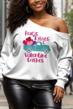 Rose Red Casual Letter Print Oblique Collar Long Sleeve Fall Winter Sweatshirt