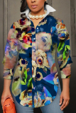 Black Floral Print Shirt Collar Long Sleeve Buttons Slit Casual Vacation Shirt Tops