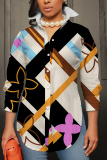 Black Floral Print Shirt Collar Long Sleeve Buttons Slit Casual Vacation Shirt Tops