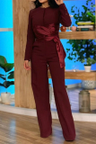 Claret O Neck Long Sleeve Lace Up Front Knotted Tops And Straight Leg Pants Casual Formal Office Lady Two Pieces Trouser Sets