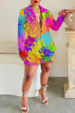 Brown Casual Graphics Print Buttons Turn-back Collar Long Sleeve Blazer Jackets And Shorts Two Pieces Shorts Sets